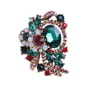 Betsey Johnson Rhinestone Crystal Brooch Pin Green & Red Floral Design Christmas